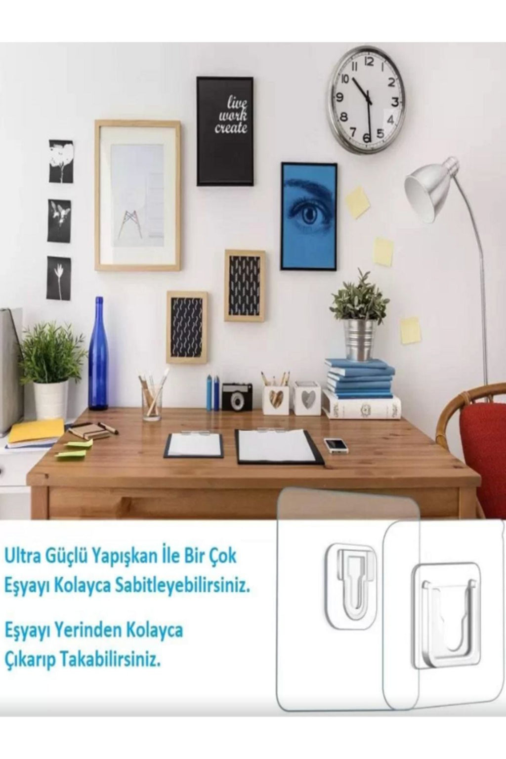 Euroluxe | 10 Adet Geçmeli Klips Askı – Yapışkanlı Tablo, Ayna ve Resim Sabitleme Aparatı