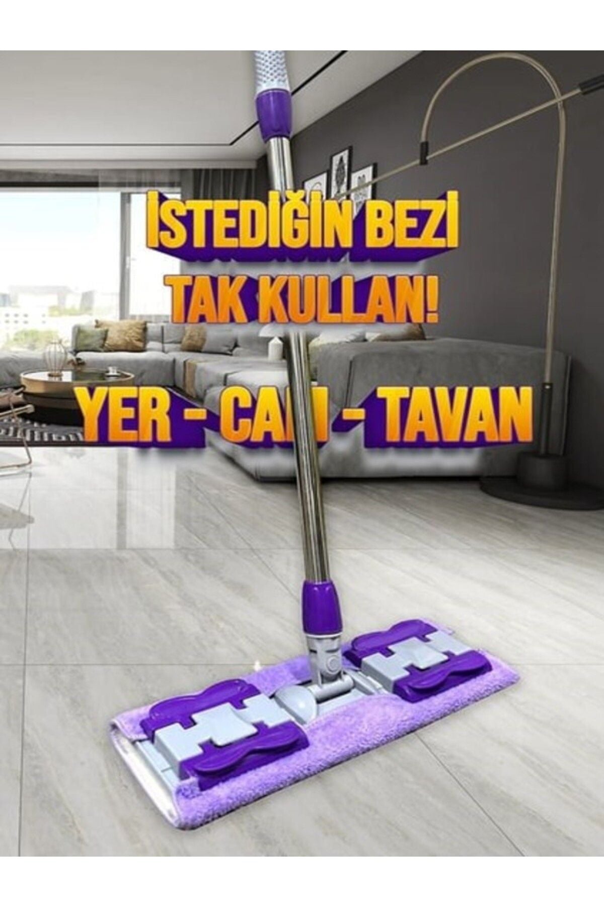 Euroluxe | Mandallı Mikrofiber Mop – Yer, Fayans, Duvar ve Yüzey Temizlik Mopu + 1 Yedek Bez (Mor)