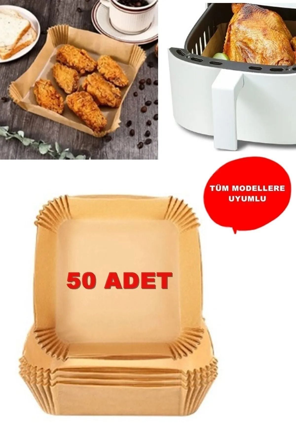 Euroluxe | 50’li Airfryer Pişirme Kağıdı Kare Model – Yağ Geçirmez, Yapışmaz, Tek Kullanımlık Hava Fritözü Pişirme Kağıdı